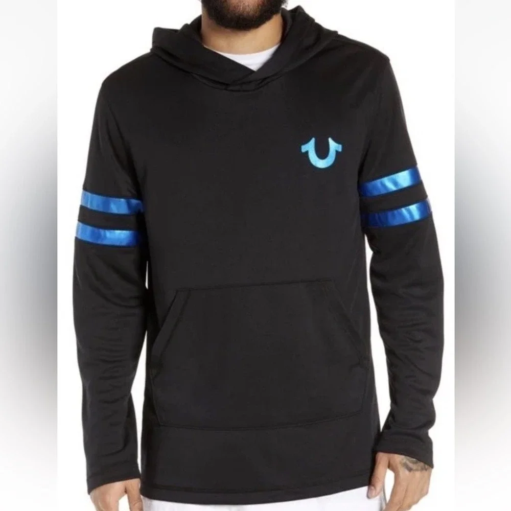 Mens True Religion Hoodie Black With Metallic Blue Accents Size L